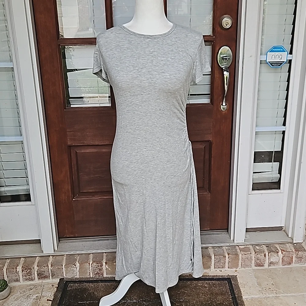 Theory Jilaena Side Ruched Short Sleeve Gray Dress - Picture 3 of 7